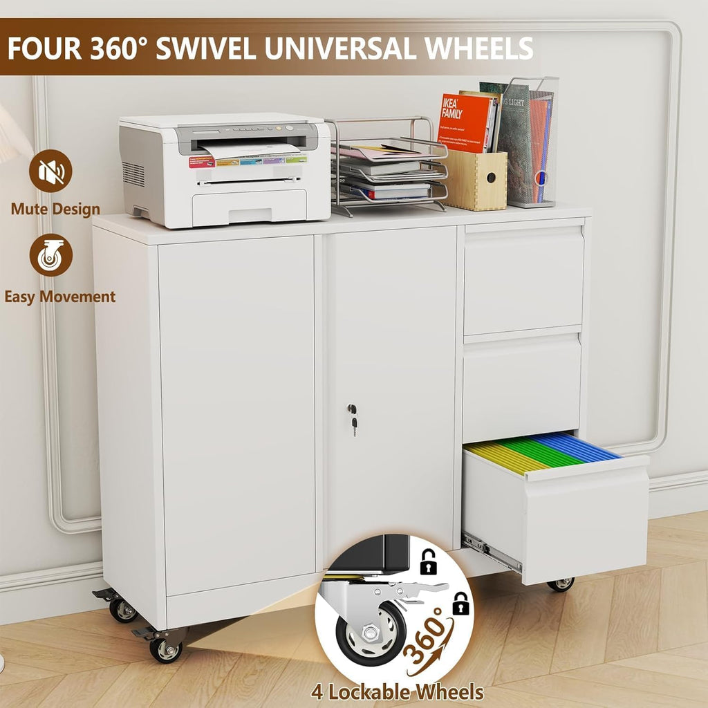 47" H 3 Drawer White Rolling Metal File Cabinet L85817