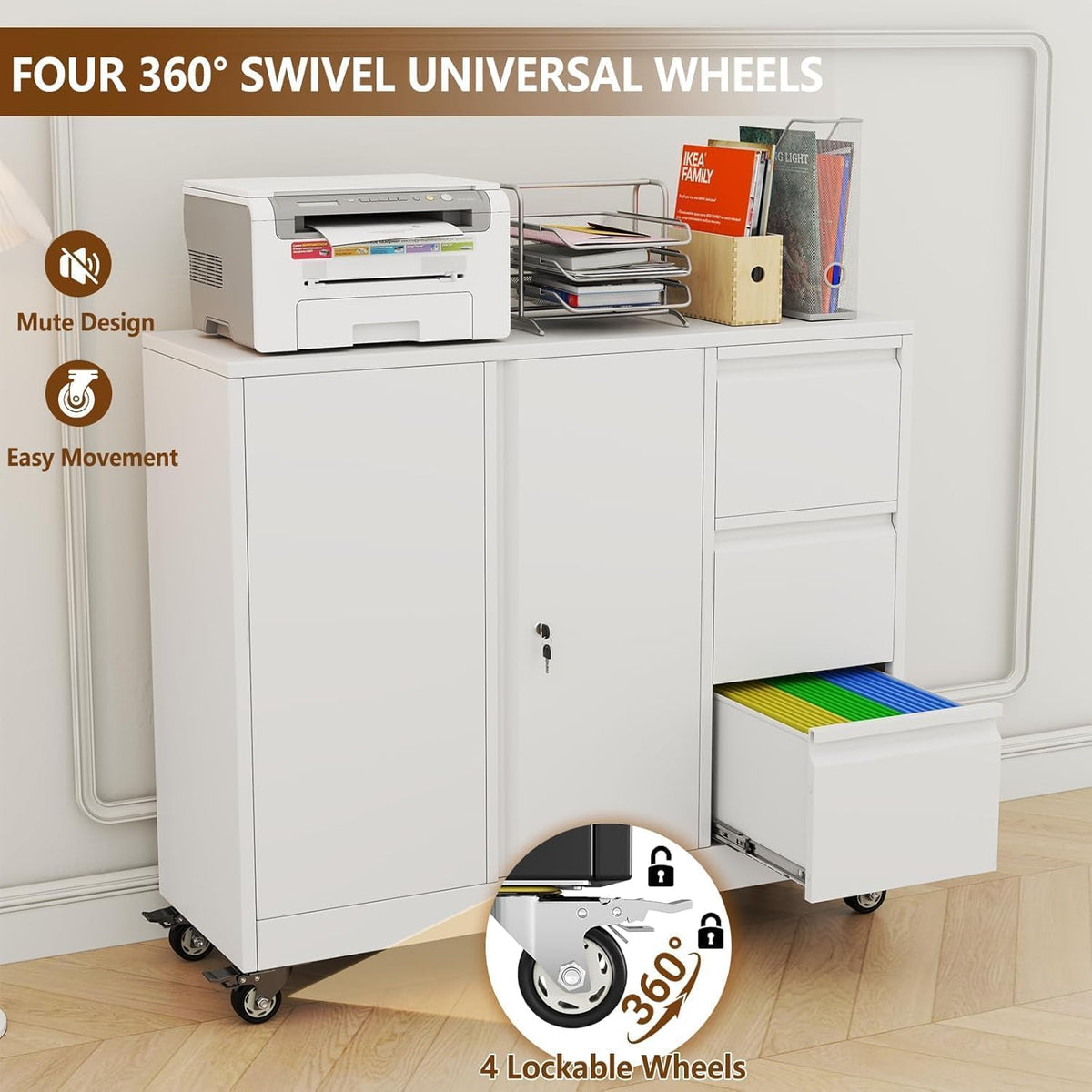 47" H 3 Drawer White Rolling Metal File Cabinet L85817