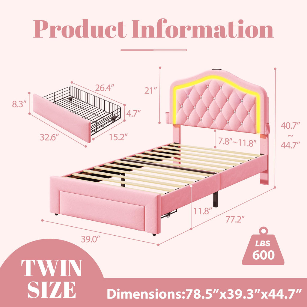 Twin Bed Frame with Adjustable Velvet Upholstered Headboard and Storage Drawers Z179