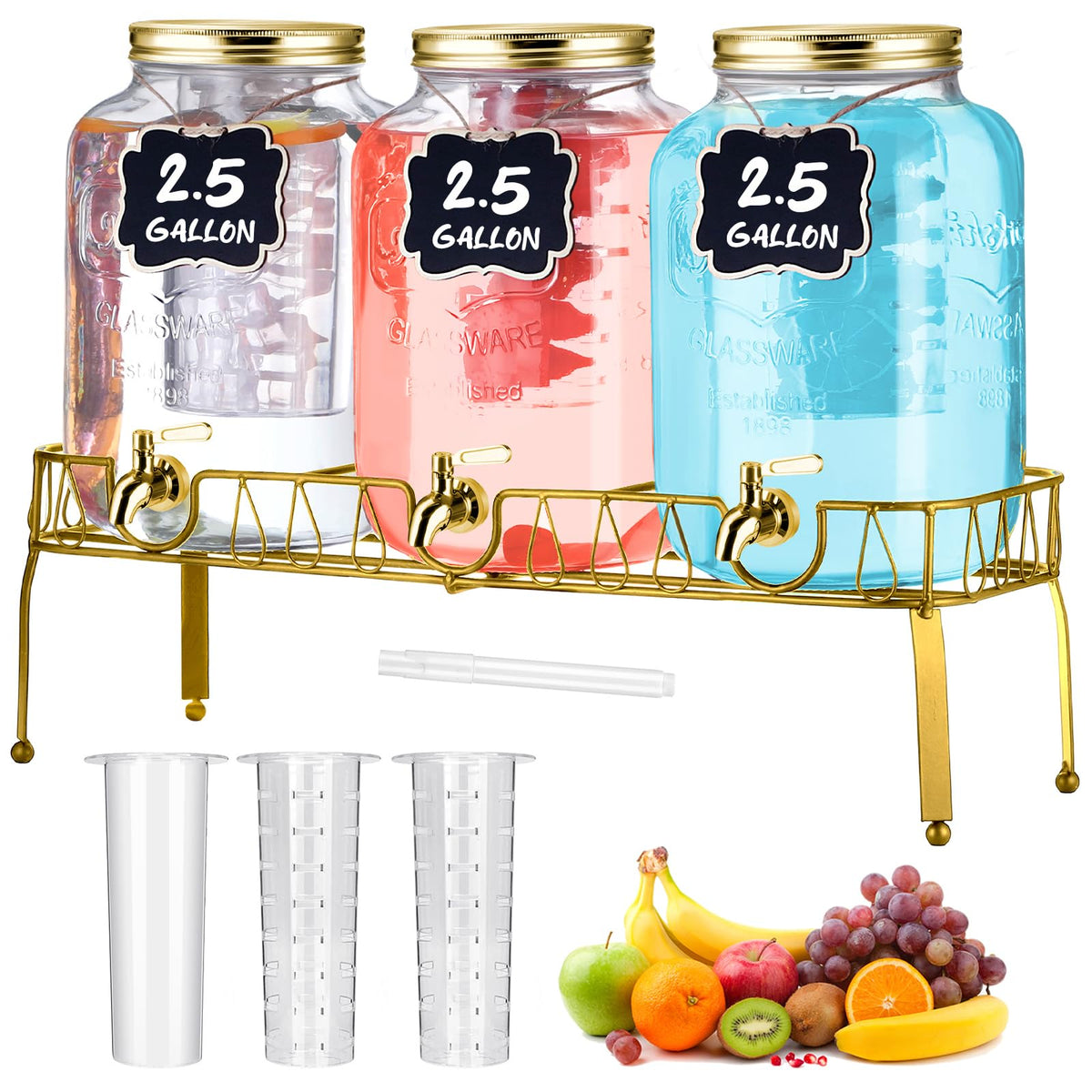 3 Pcs 2.5 Gallon Glass Beverage Dispensers with Stand U873487