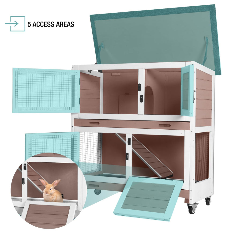 2-Tier Wooden Rabbit Hutch with Trays Wheels 36 Inch J6885