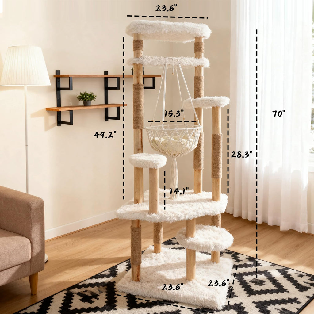 70" Tall Natural Solid Wooden Cat Tree Tower with Scratch Posts T43831
