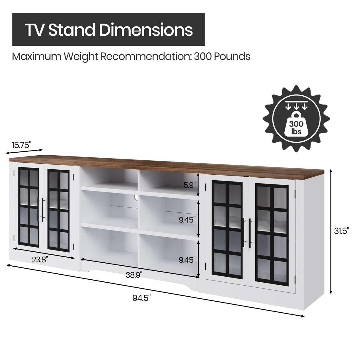 White TV Stand with Storage Cabinet and 3-Tier Open Shelves I990328