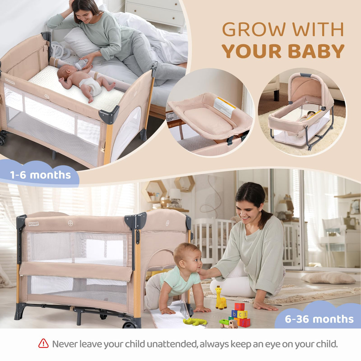 7 in 1 Bedside Bassinet with Changing Table, Storage Shelf, Mattress N7331