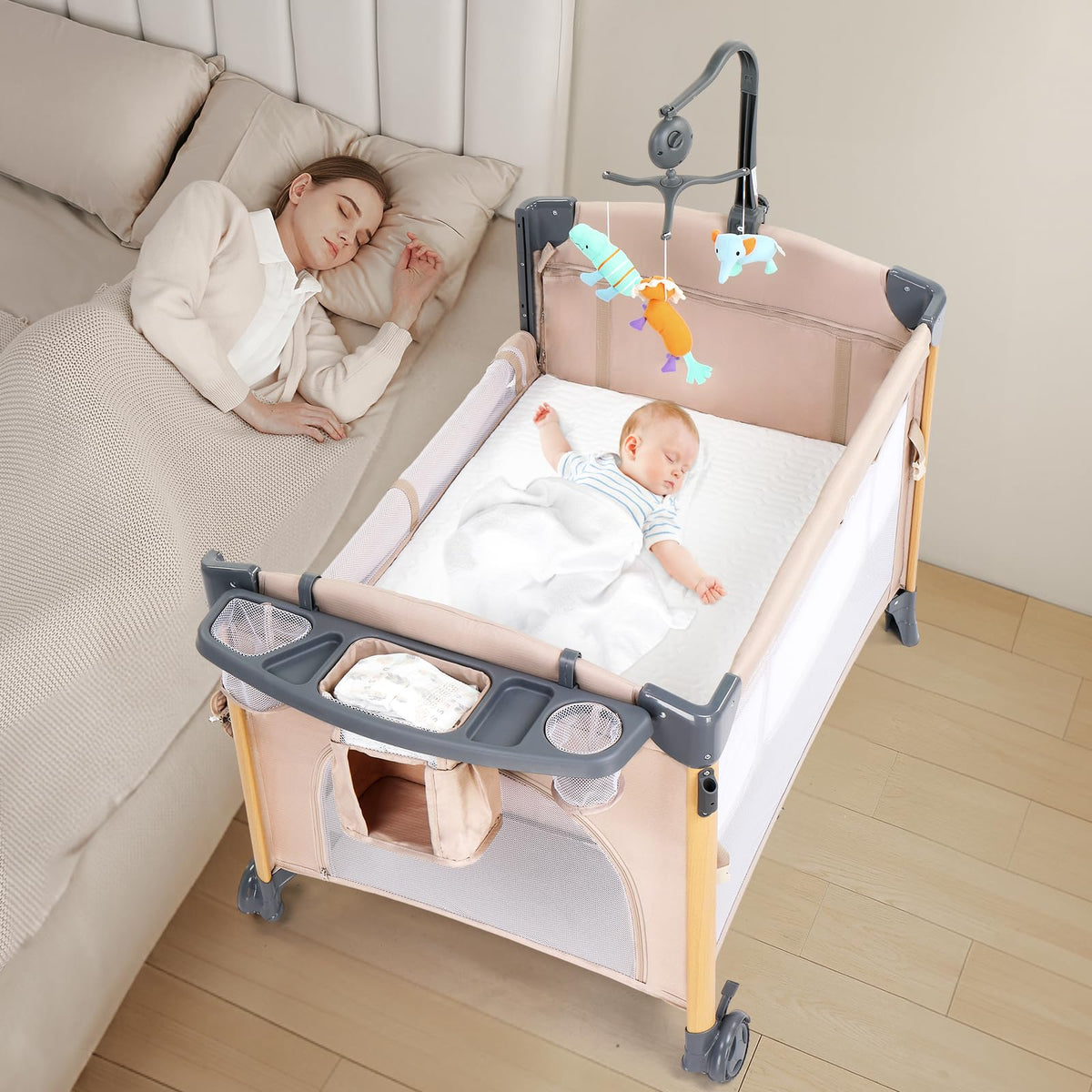 7 in 1 Bedside Bassinet with Changing Table, Storage Shelf, Mattress N7331
