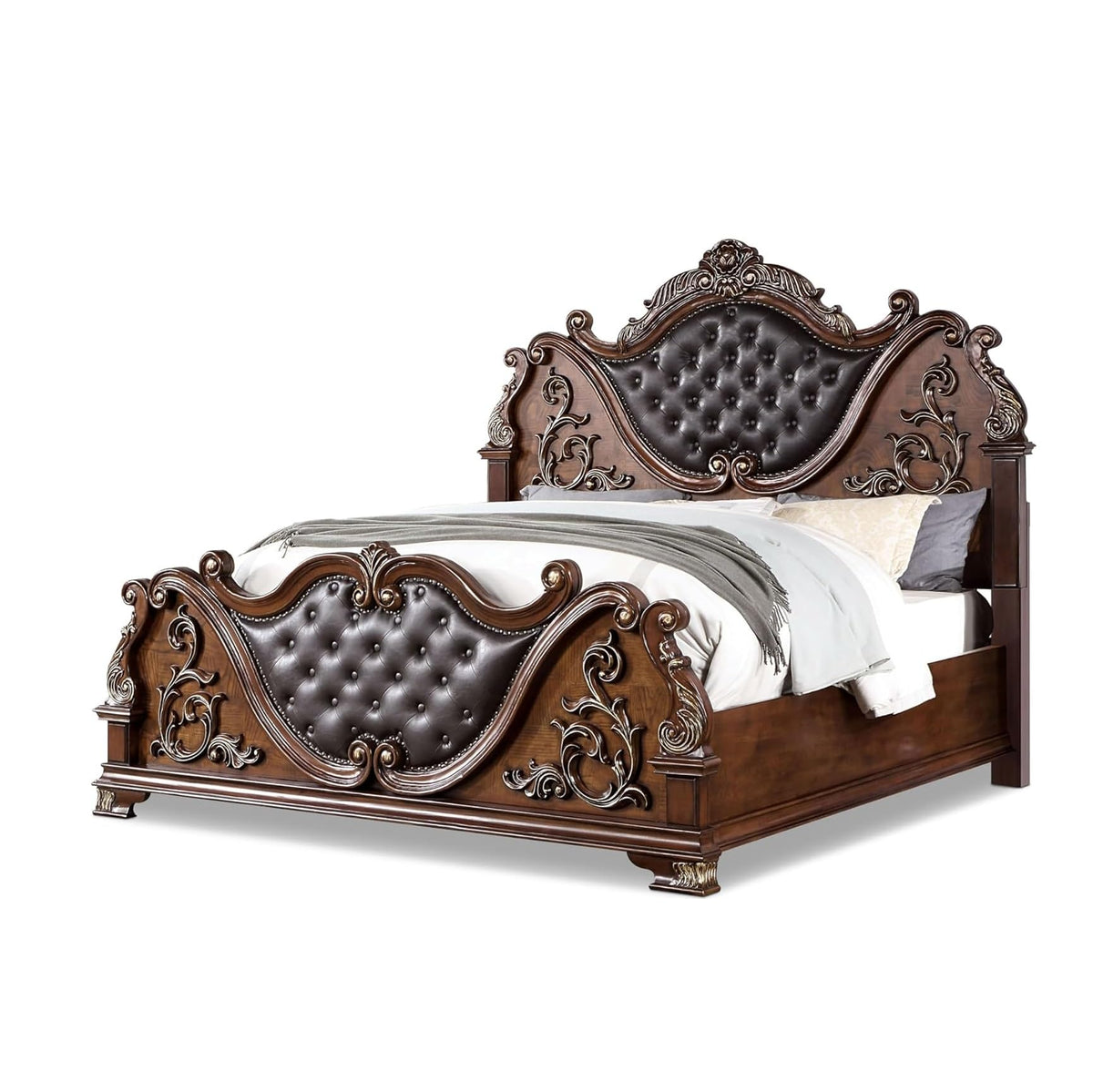Brown Cherry California King Size Tufted Leatherette Bed F2270
