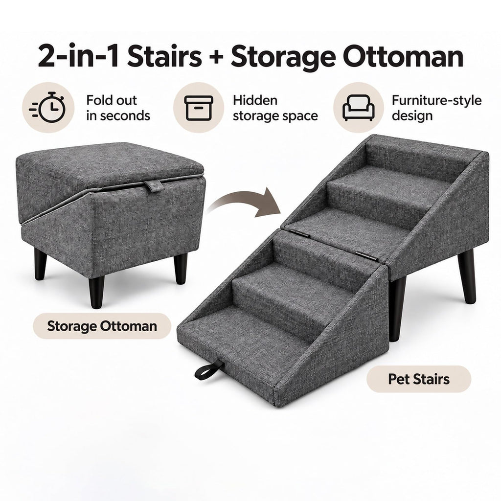 Foldable Dog Stairs Ottoman 2 in 1 Pet Steps with Storage L8496