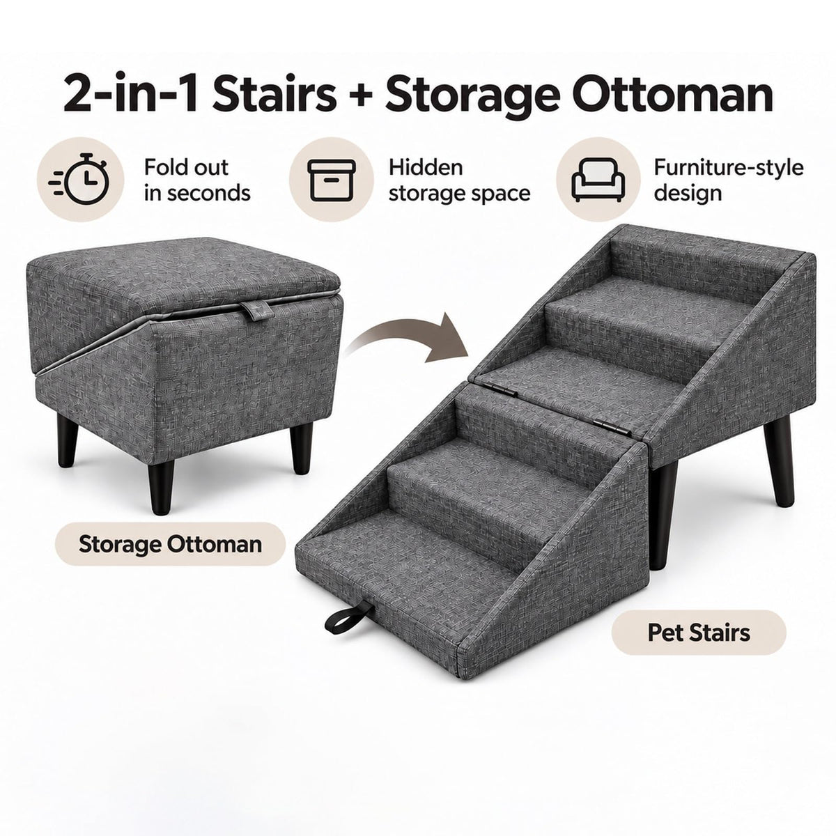 Foldable Dog Stairs Ottoman 2 in 1 Pet Steps with Storage L8496