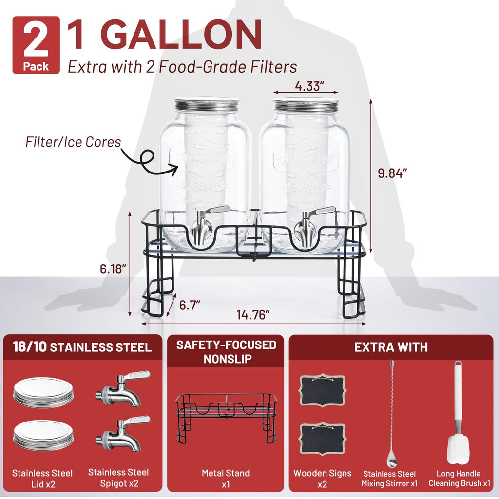 1 Gallon Glass Drink Dispensers 2 Pack with Stand Stainless Steel Spigot V4446
