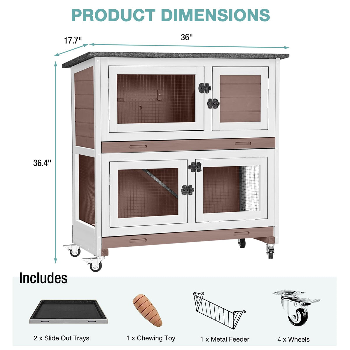2-Tier Wooden Rabbit Hutch with Trays Wheels 36 Inch J6885