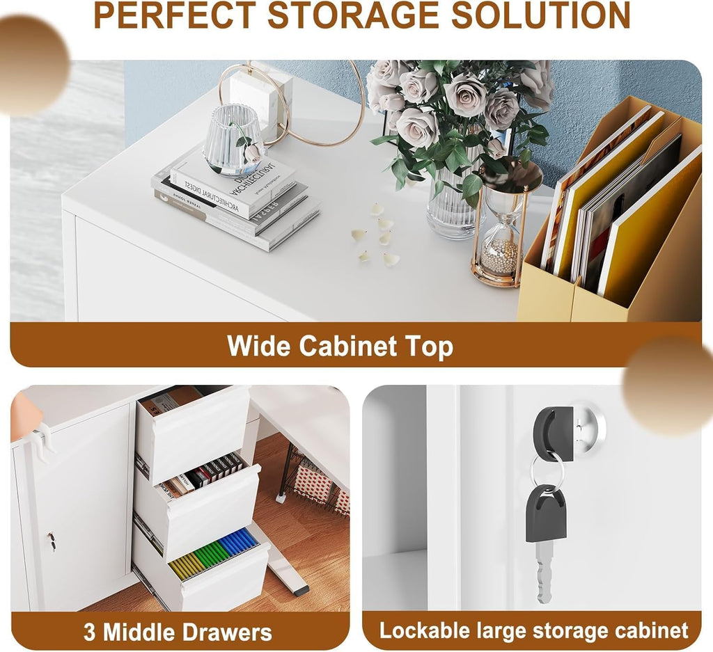 47" H 3 Drawer White Rolling Metal File Cabinet L85817
