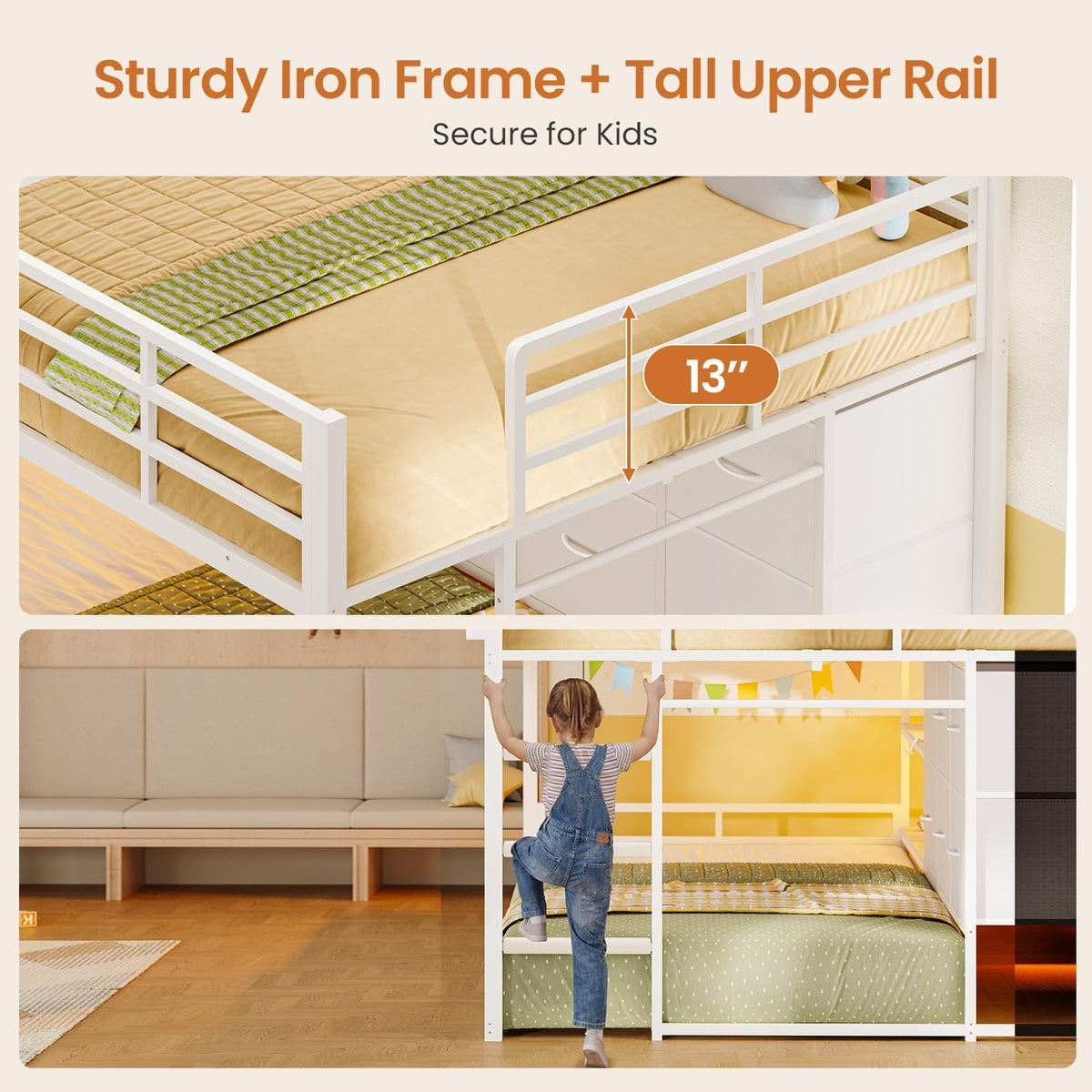 White Full Over Twin Bunk Bed with 6 Drawers and LED Lights S614306