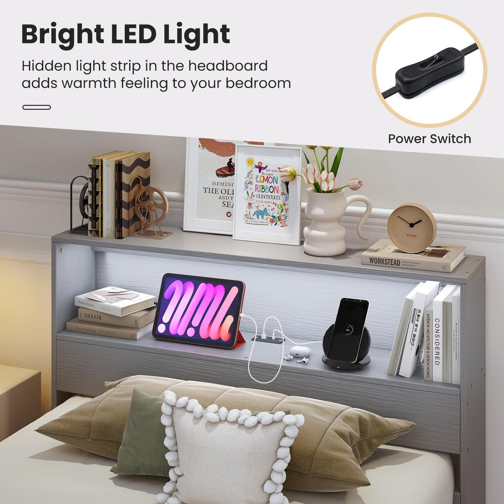 Twin Wood Platform Bed with Storage Headboard and Charging Station P694