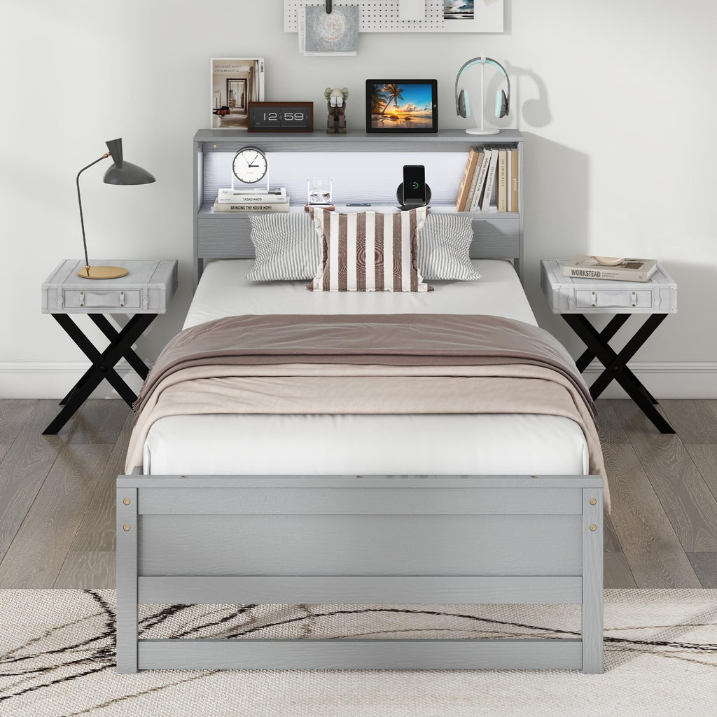 Twin Wood Platform Bed with Storage Headboard and Charging Station P694