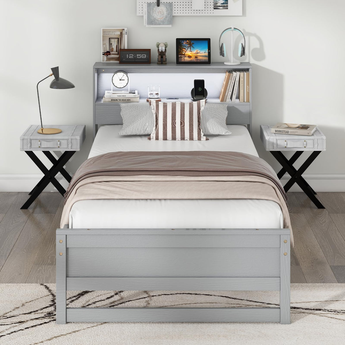Twin Wood Platform Bed with Storage Headboard and Charging Station P694