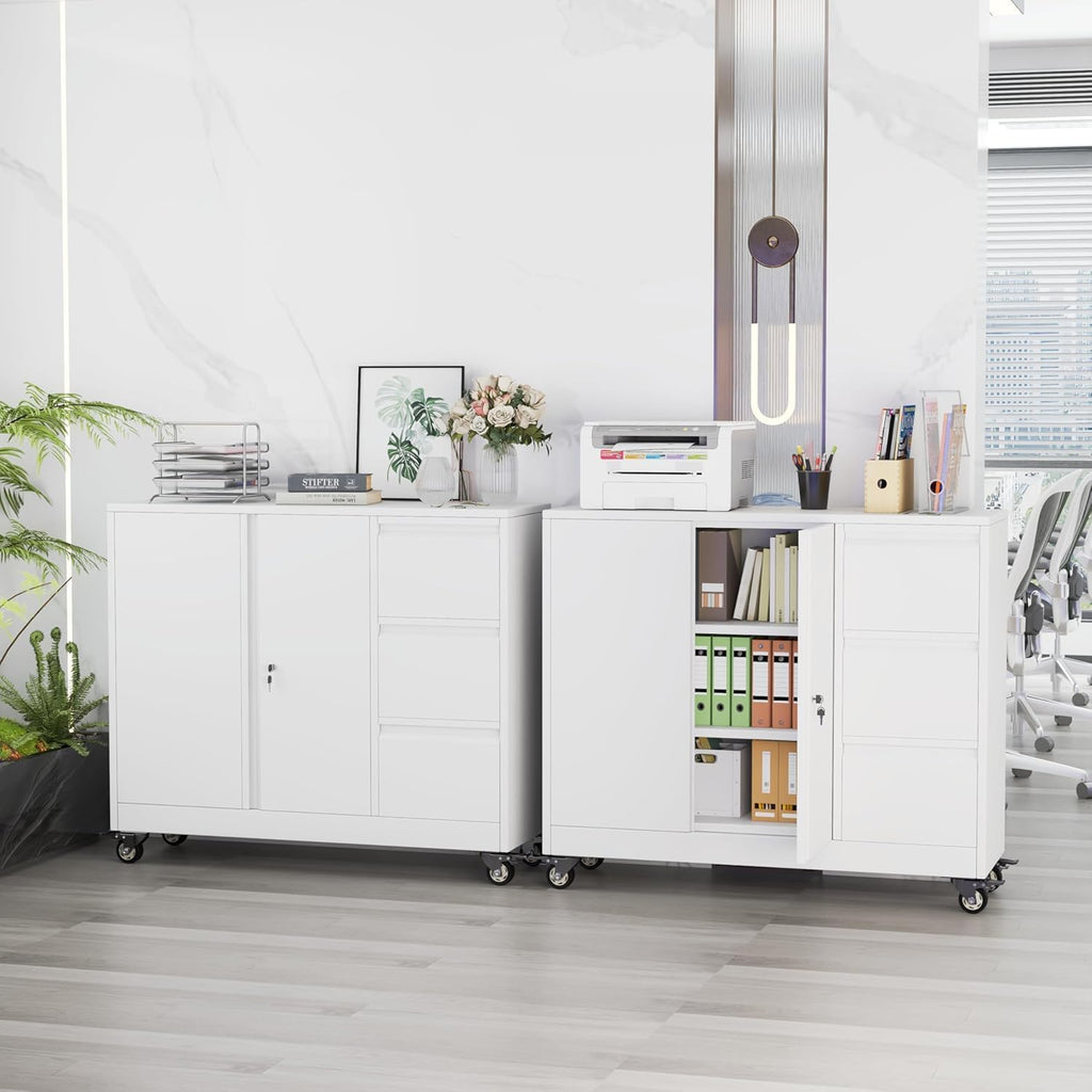 47" H 3 Drawer White Rolling Metal File Cabinet L85817