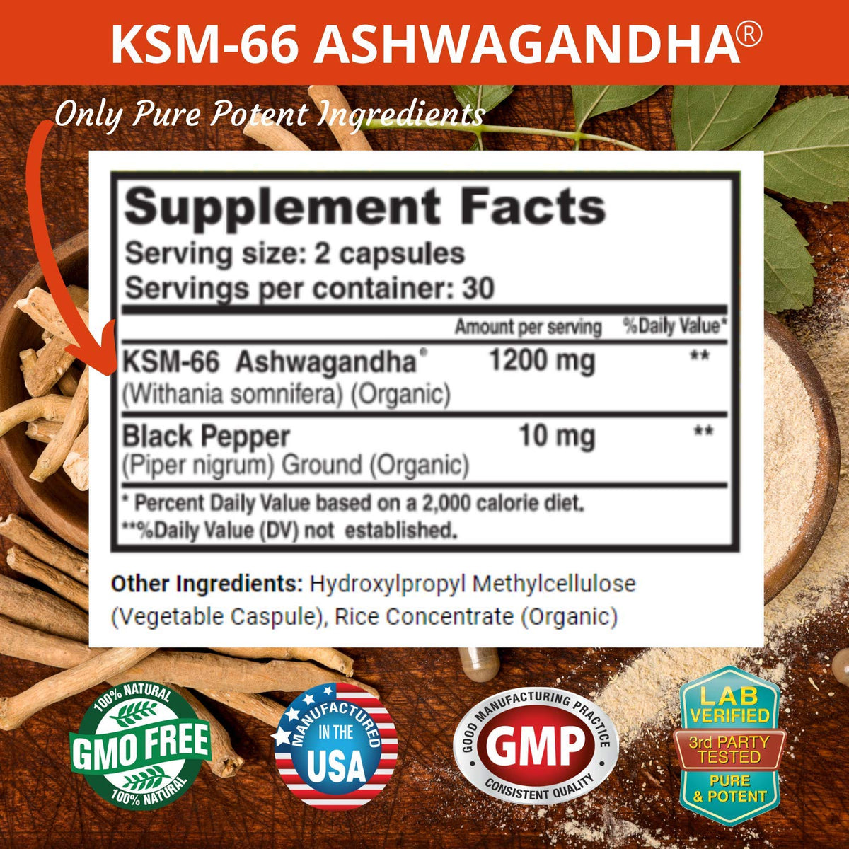 Ashwagandha Capsules 1200mg Root Extract with Black Pepper 60 Vegan Capsules U59705