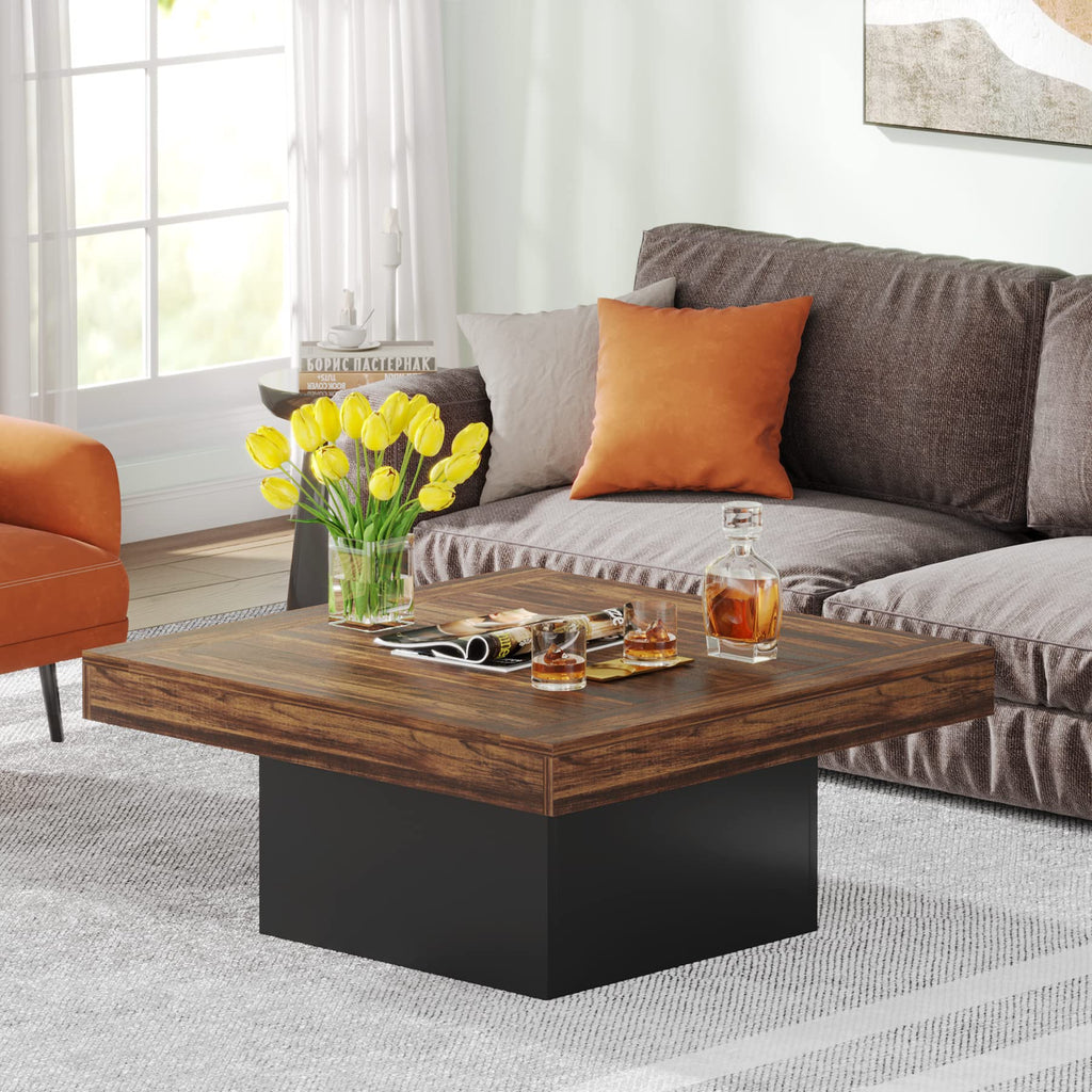 35.4-Inch Square Wood Coffee Table with LED Light N9411