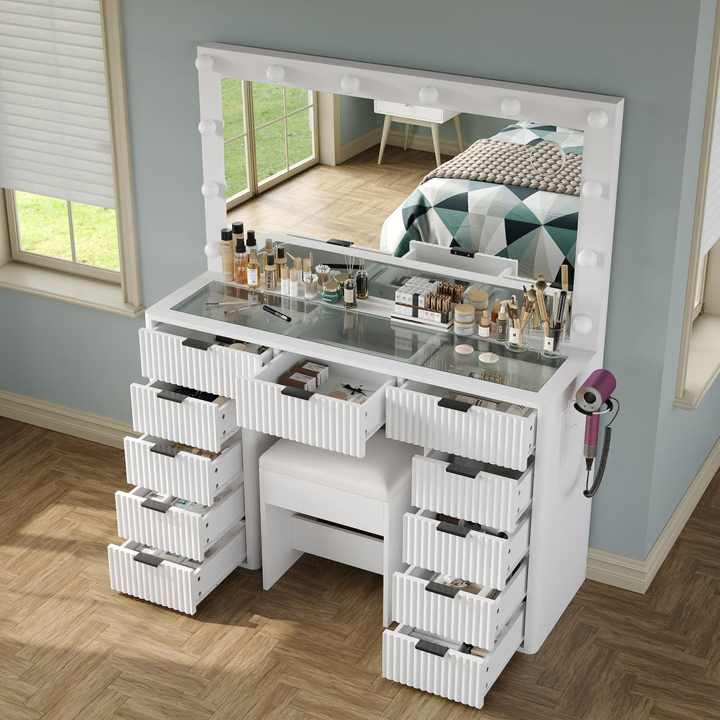 47" White Vanity Desk with 3-Color LED Mirror & 11 Drawers D211087