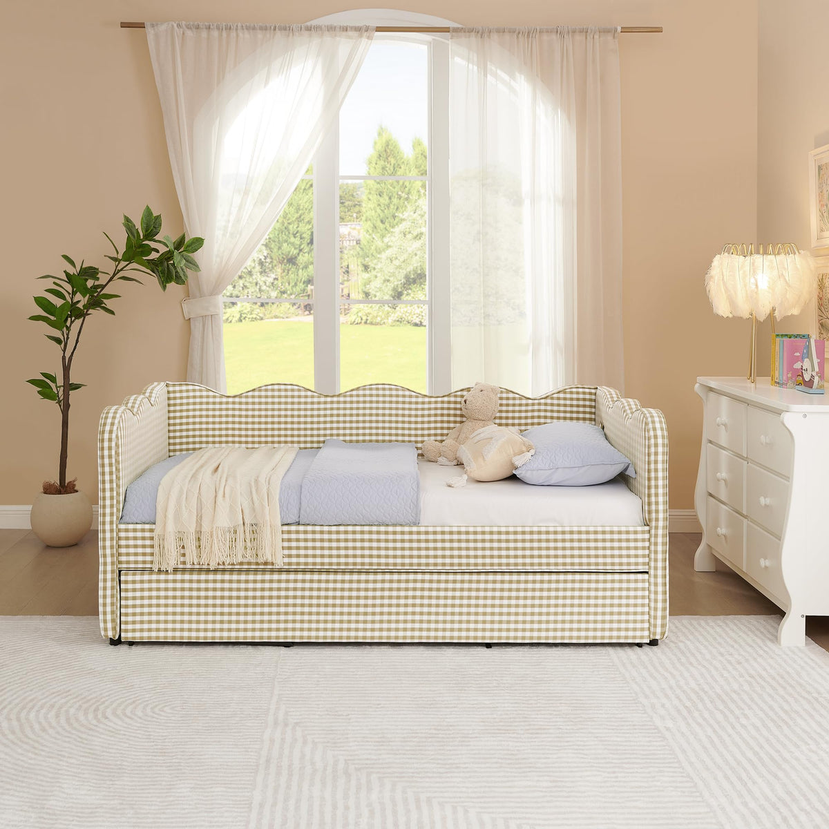 Twin Size Gingham Daybed with Trundle and USB Ports K6766