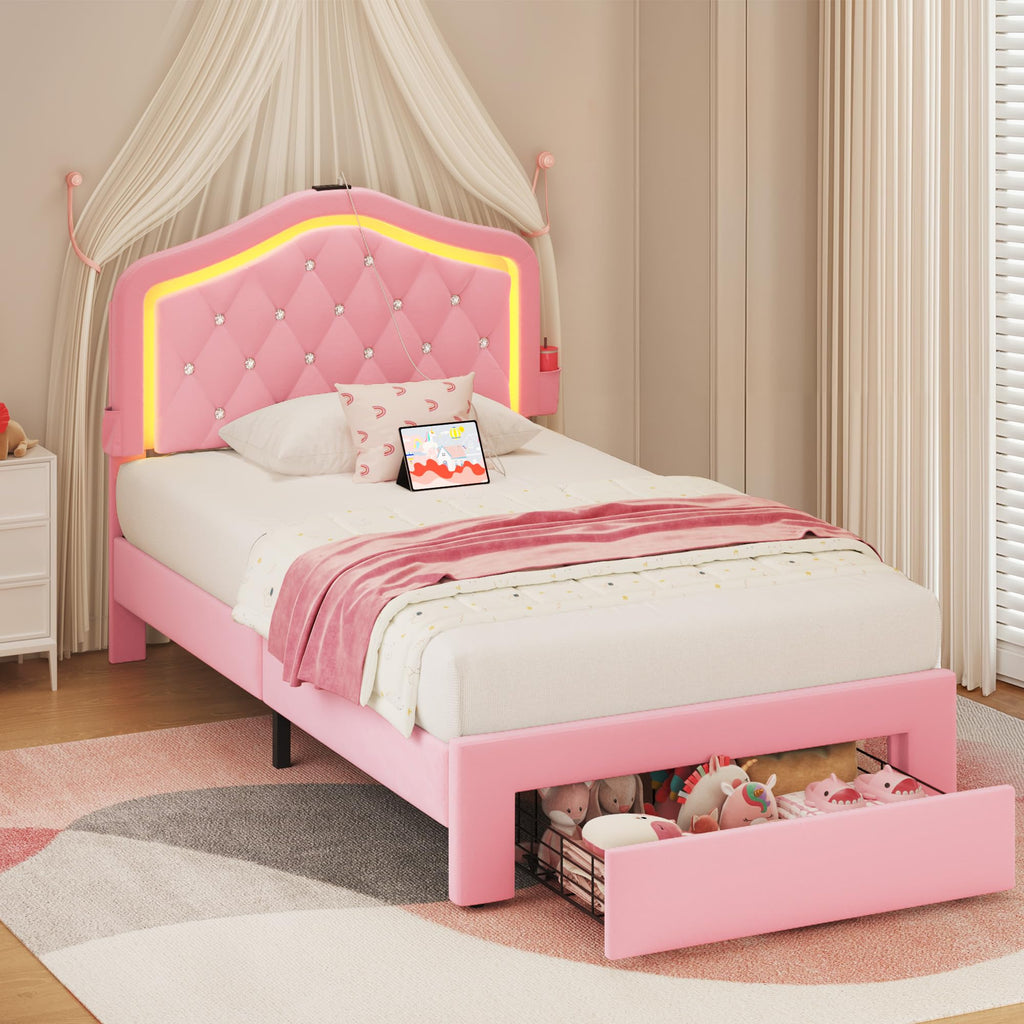 Twin Bed Frame with Adjustable Velvet Upholstered Headboard and Storage Drawers Z179