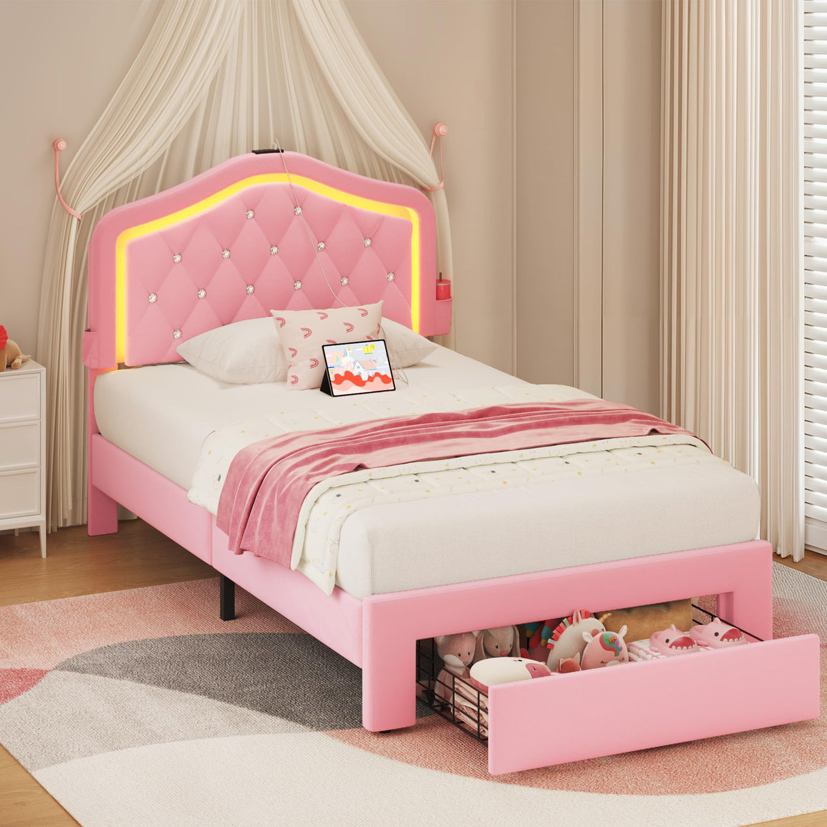 Twin Bed Frame with Adjustable Velvet Upholstered Headboard and Storage Drawers Z179
