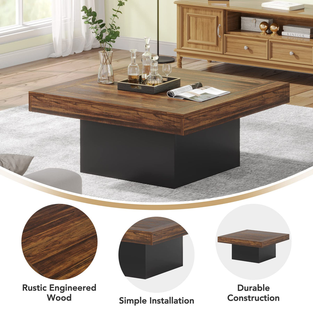 35.4-Inch Square Wood Coffee Table with LED Light N9411