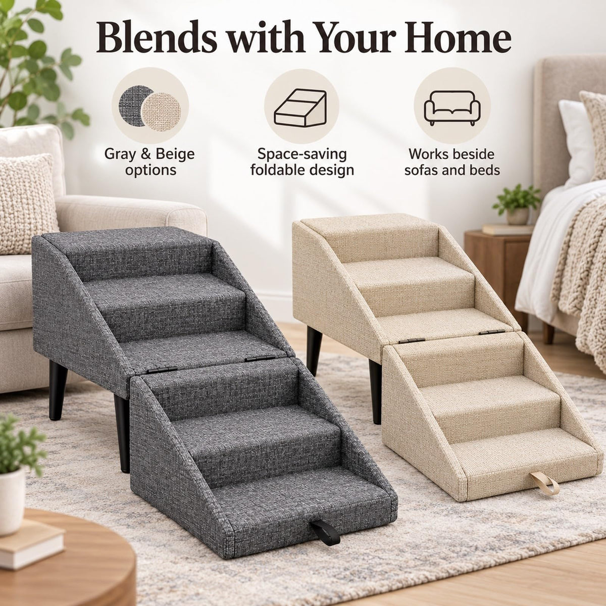 Foldable Dog Stairs Ottoman 2 in 1 Pet Steps with Storage L8496