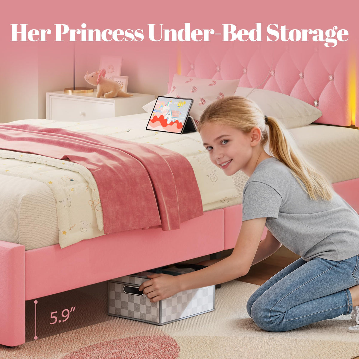 Twin Bed Frame with Adjustable Velvet Upholstered Headboard and Storage Drawers Z179