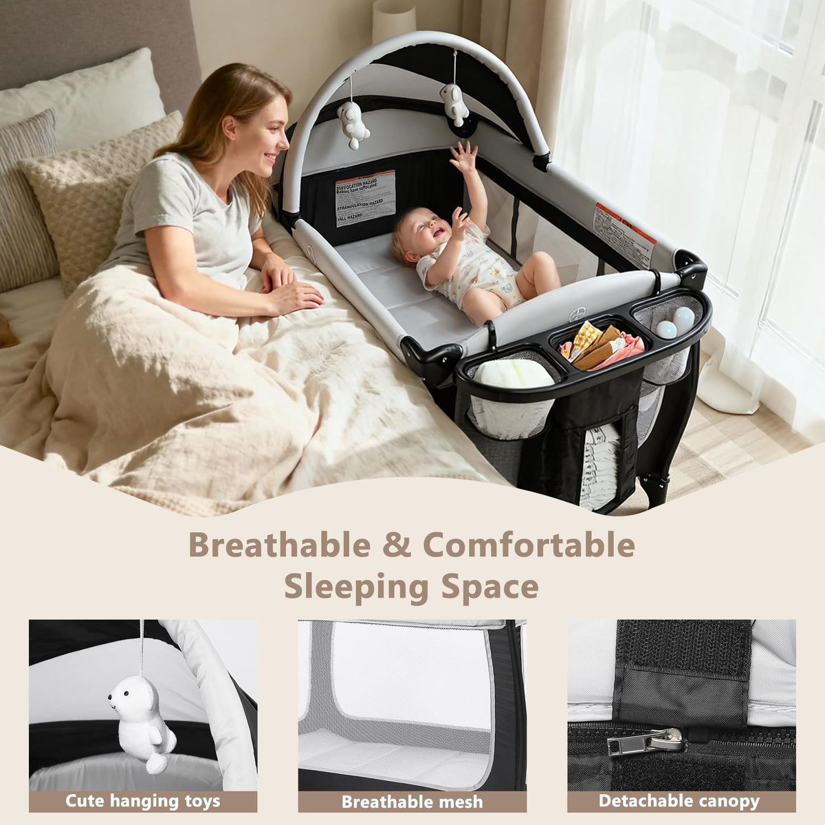 4 in 1 Portable Pack and Play Bassinet, Black S576