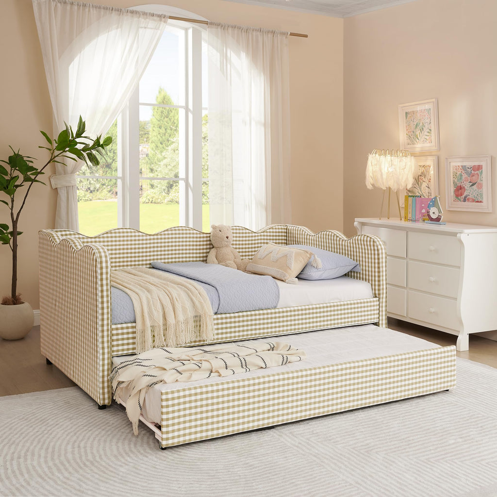 Twin Size Gingham Daybed with Trundle and USB Ports K6766