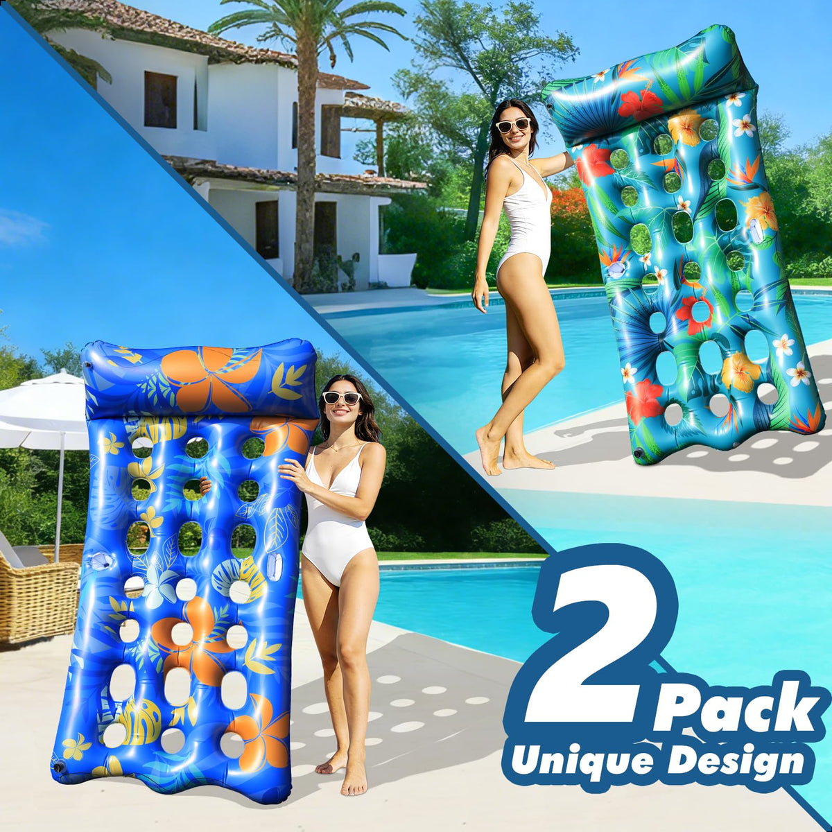 2 PCS Pool Floats Lounger with Headrest and Cup Holders D2139