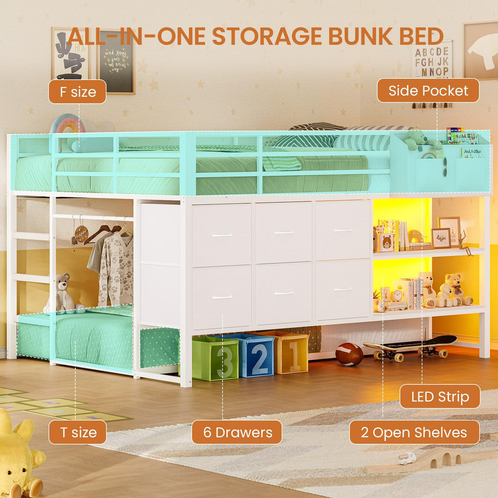 White Full Over Twin Bunk Bed with 6 Drawers and LED Lights S614306