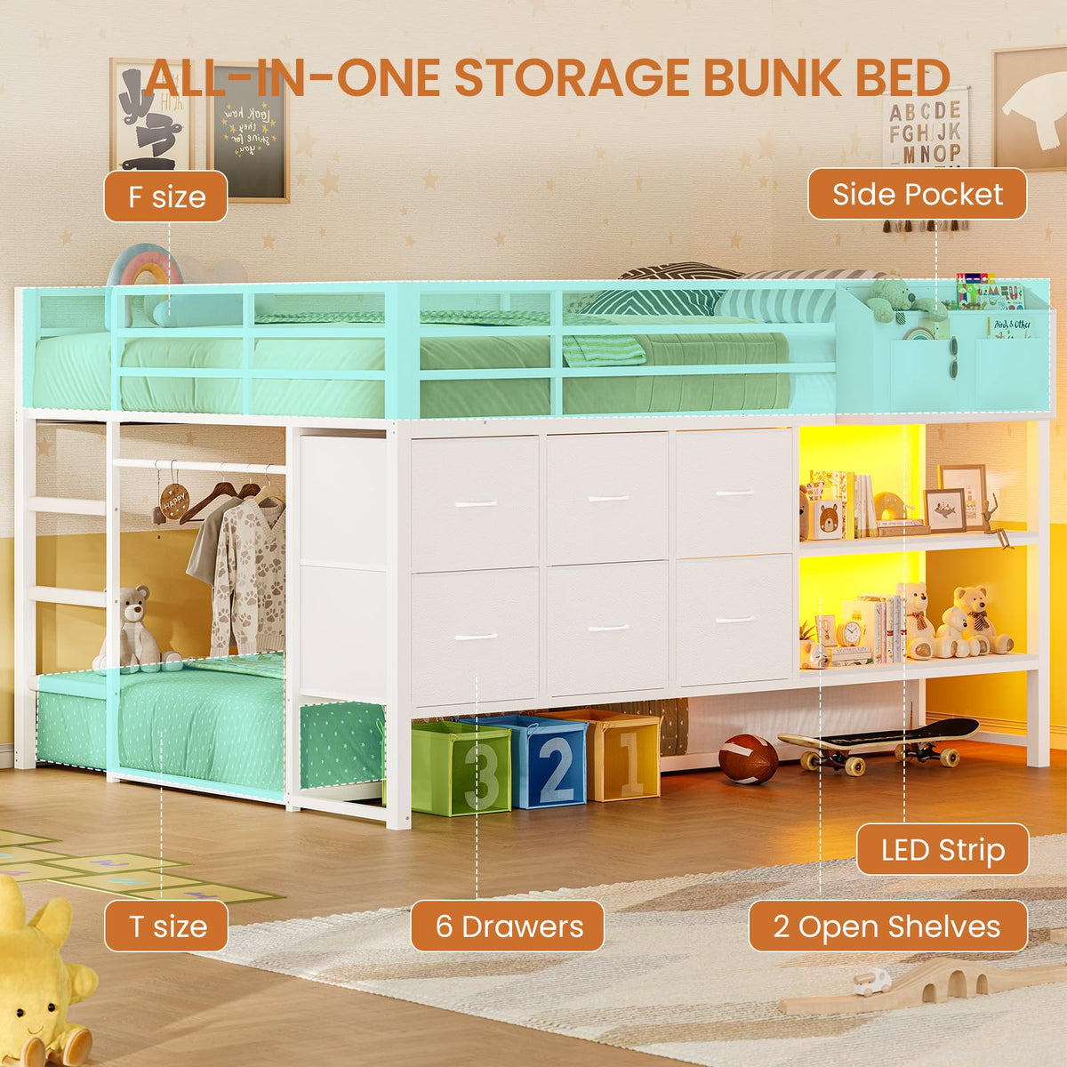 White Full Over Twin Bunk Bed with 6 Drawers and LED Lights S614306