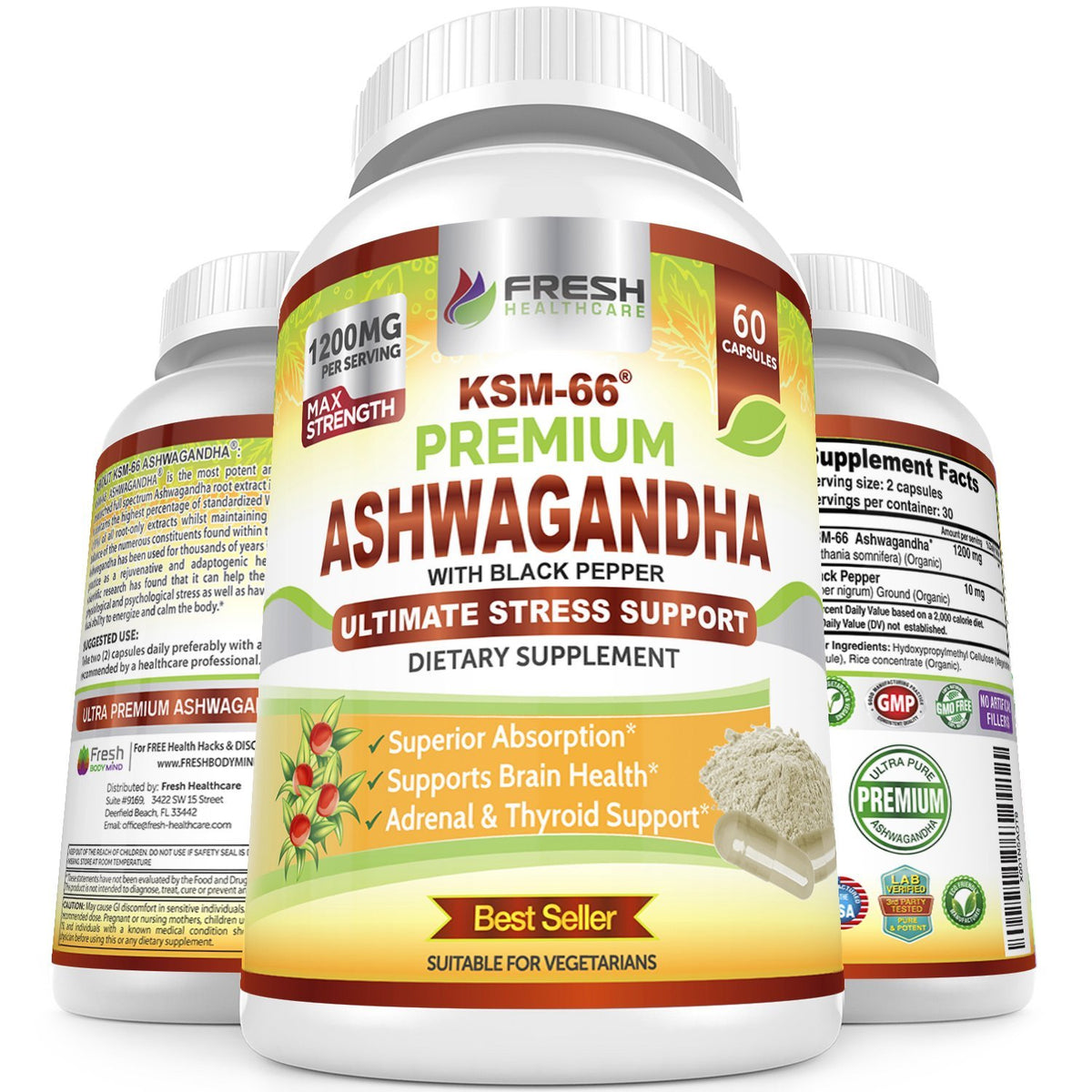 Ashwagandha Capsules 1200mg Root Extract with Black Pepper 60 Vegan Capsules U59705