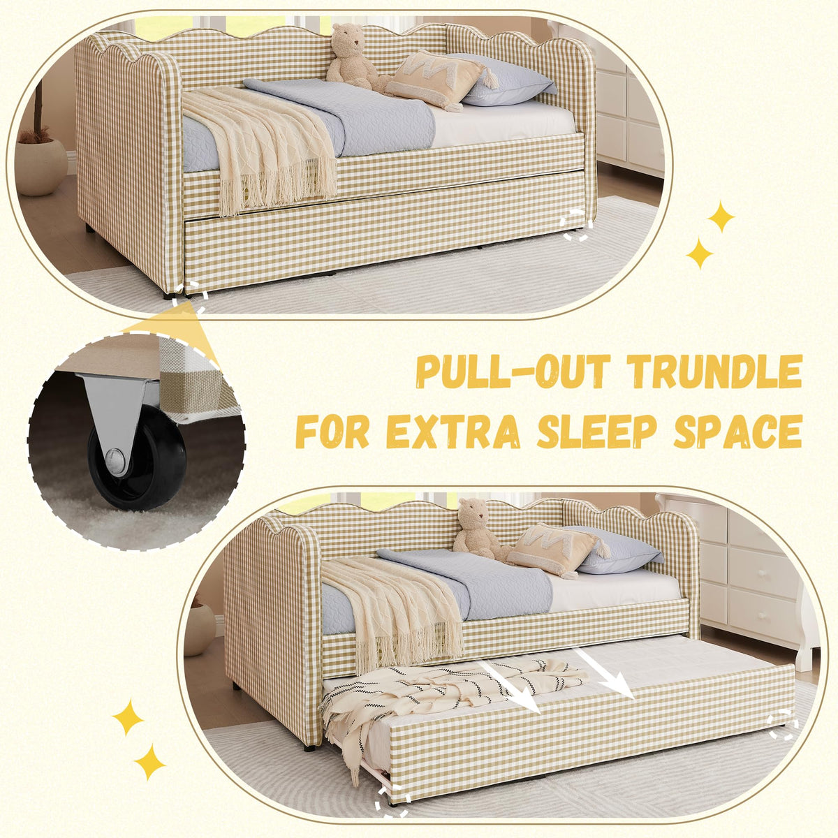 Twin Size Gingham Daybed with Trundle and USB Ports K6766