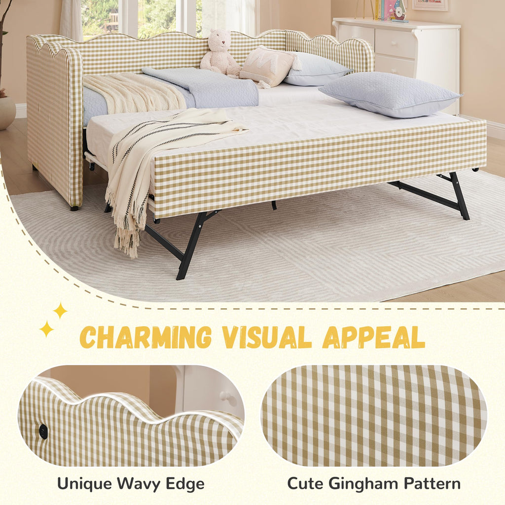 Twin Size Gingham Daybed with Trundle and USB Ports K6766