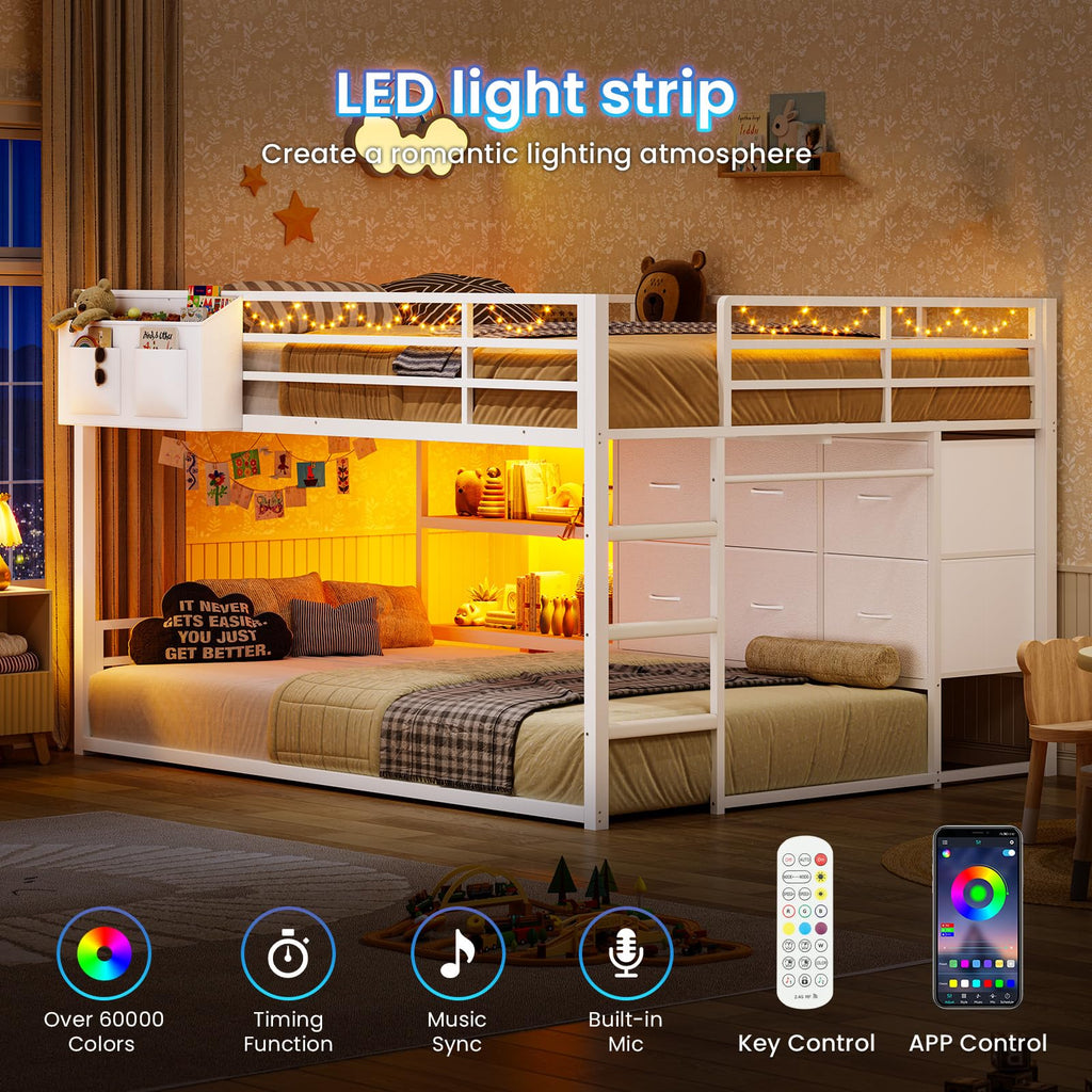 White Full Over Twin Bunk Bed with 6 Drawers and LED Lights S614306