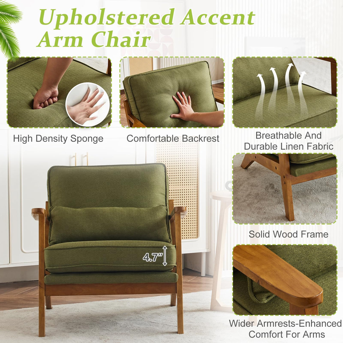 Green Linen Fabric Upholstered Accent Chair Set of 2 N716