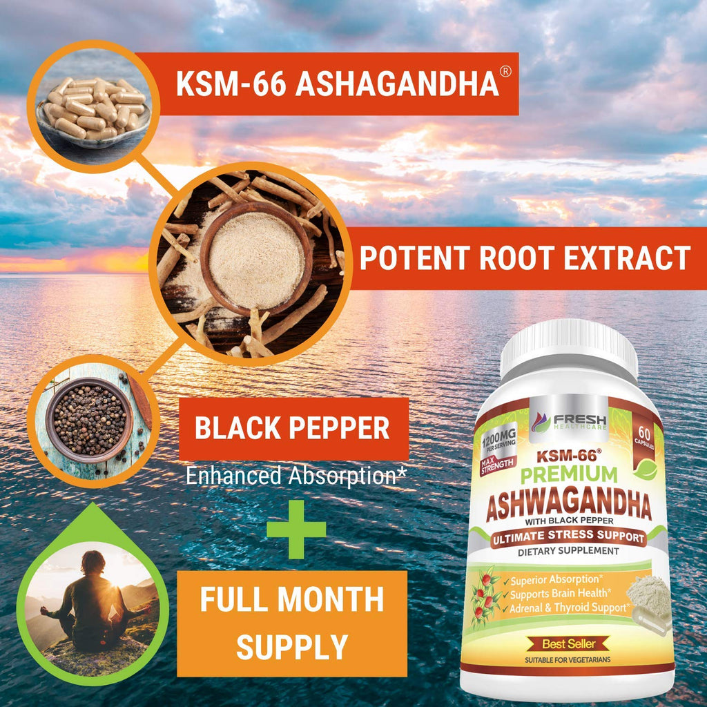 Ashwagandha Capsules 1200mg Root Extract with Black Pepper 60 Vegan Capsules U59705