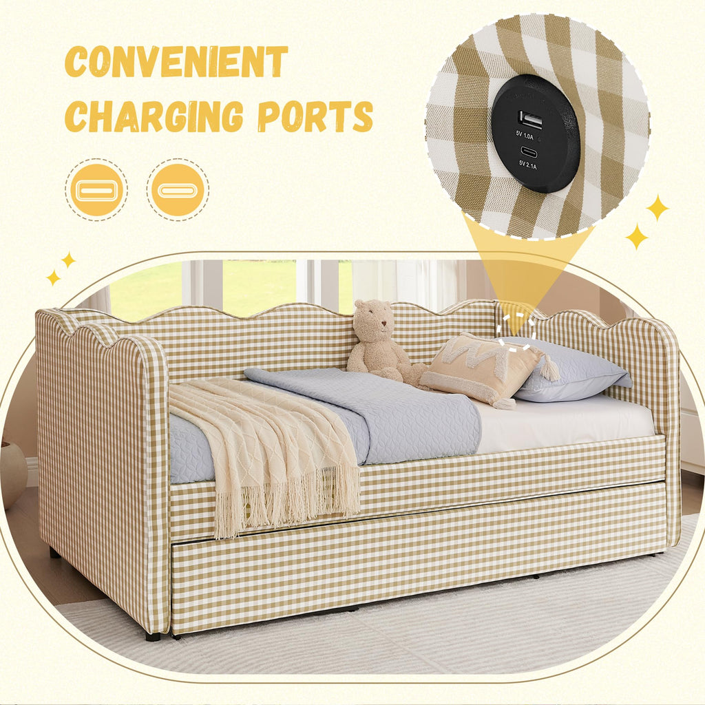 Twin Size Gingham Daybed with Trundle and USB Ports K6766
