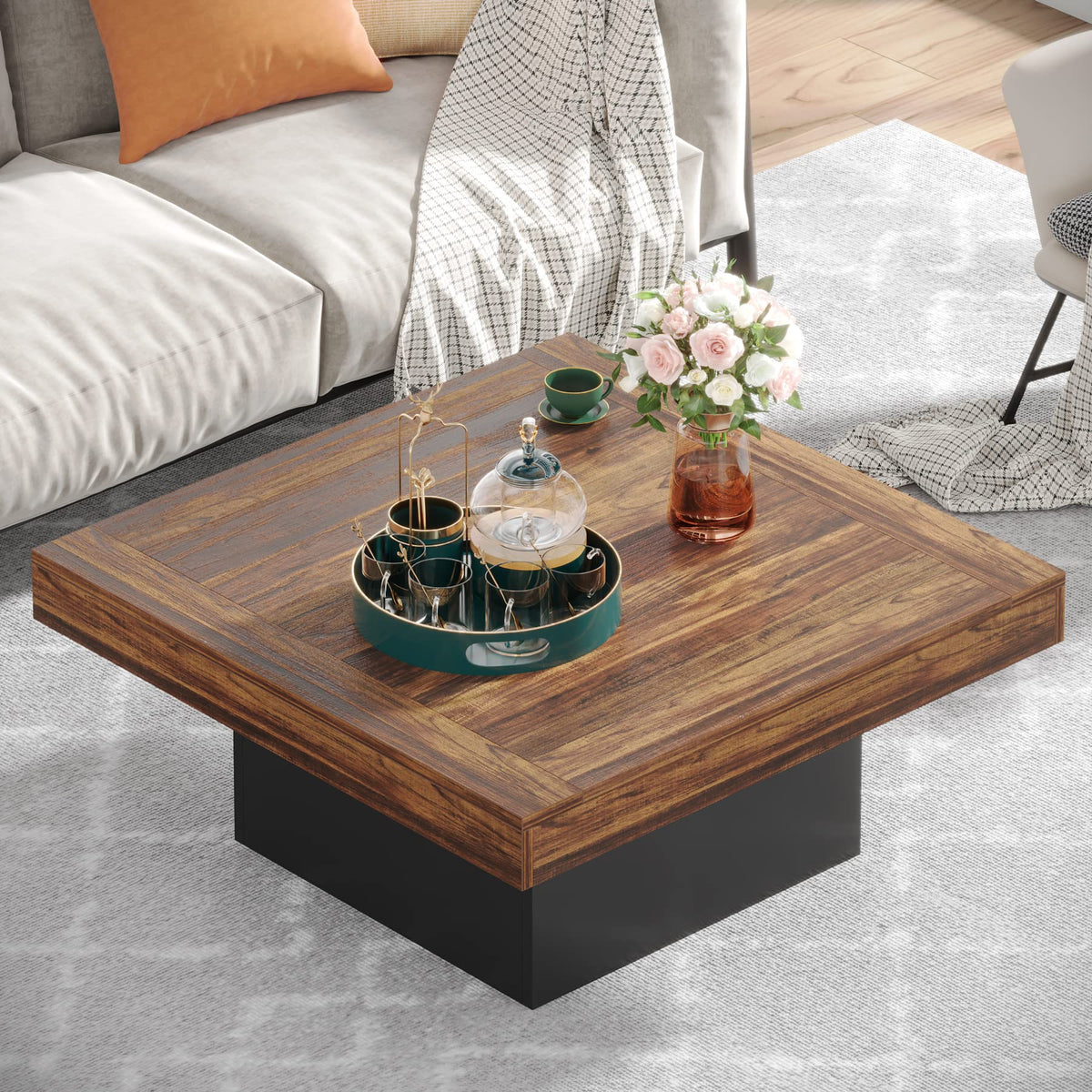 35.4-Inch Square Wood Coffee Table with LED Light N9411