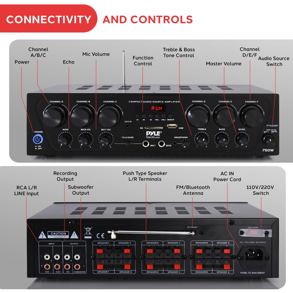 6 Channel 750 Watt Bluetooth Wireless Home Amplifier T899