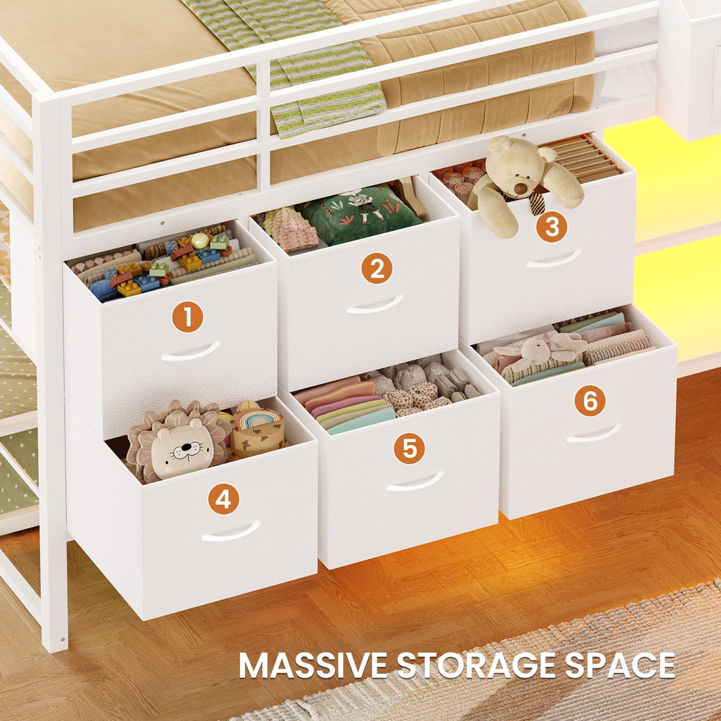 White Full Over Twin Bunk Bed with 6 Drawers and LED Lights S614306