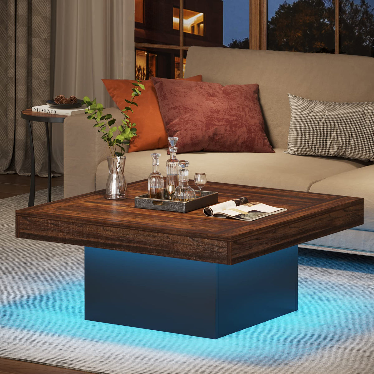 35.4-Inch Square Wood Coffee Table with LED Light N9411