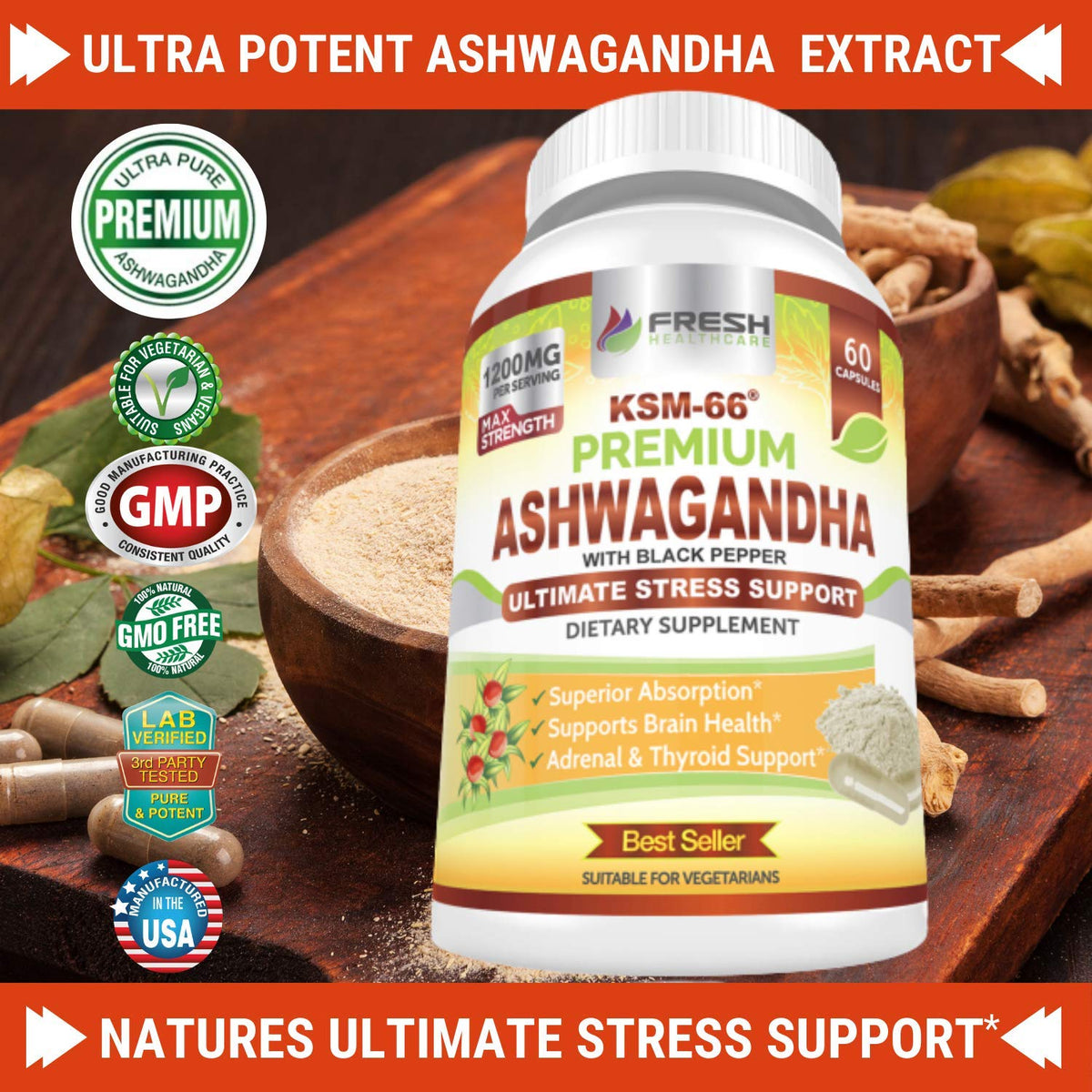 Ashwagandha Capsules 1200mg Root Extract with Black Pepper 60 Vegan Capsules U59705