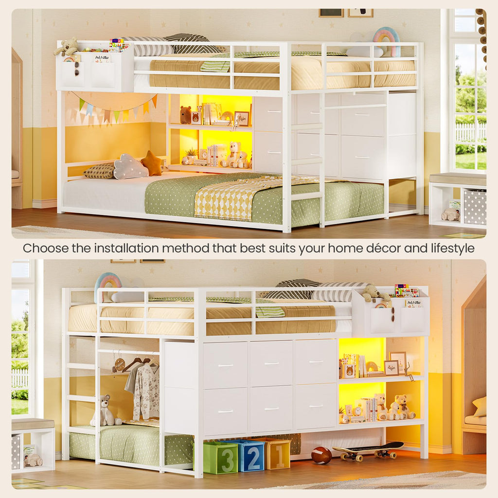 White Full Over Twin Bunk Bed with 6 Drawers and LED Lights S614306