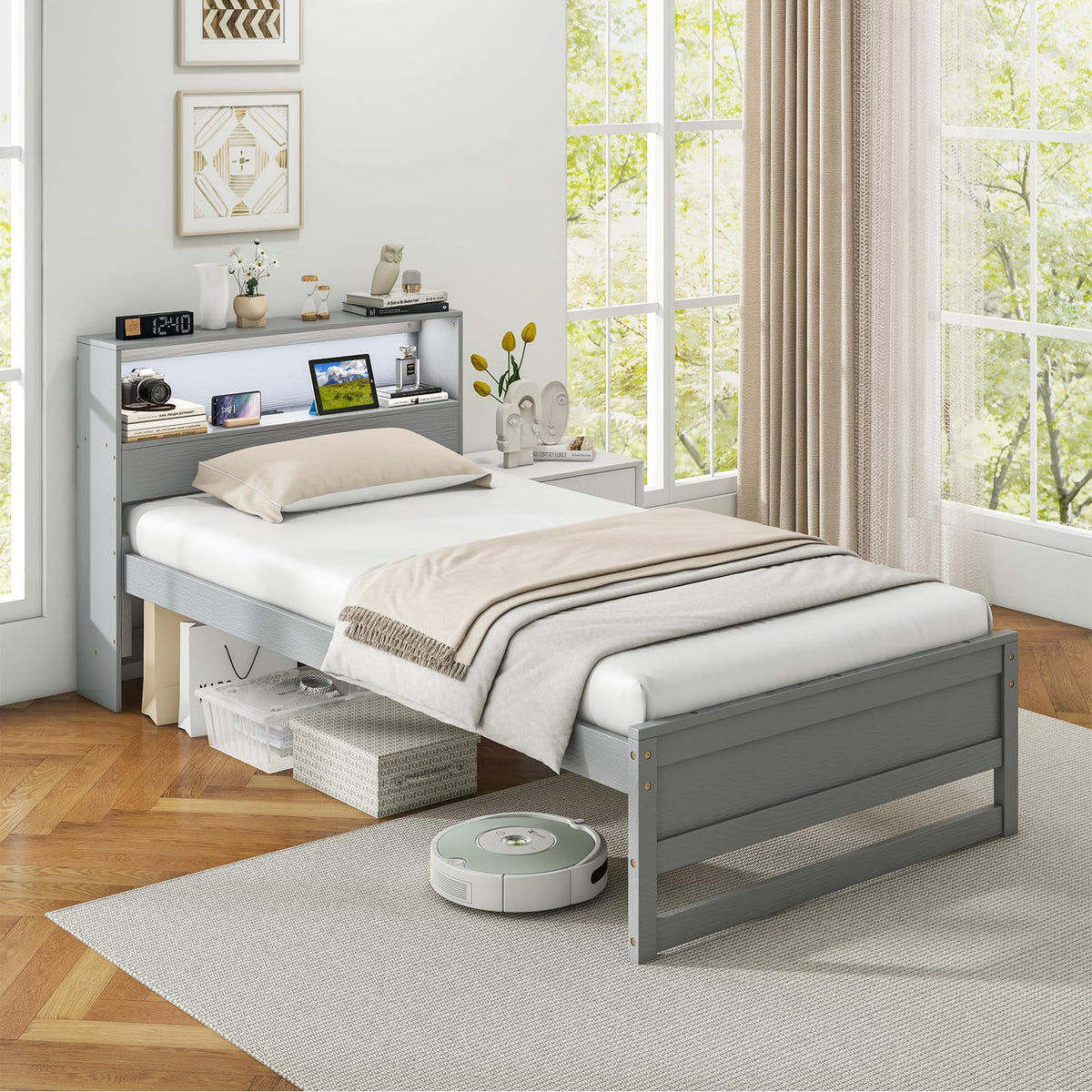 Twin Wood Platform Bed with Storage Headboard and Charging Station P694
