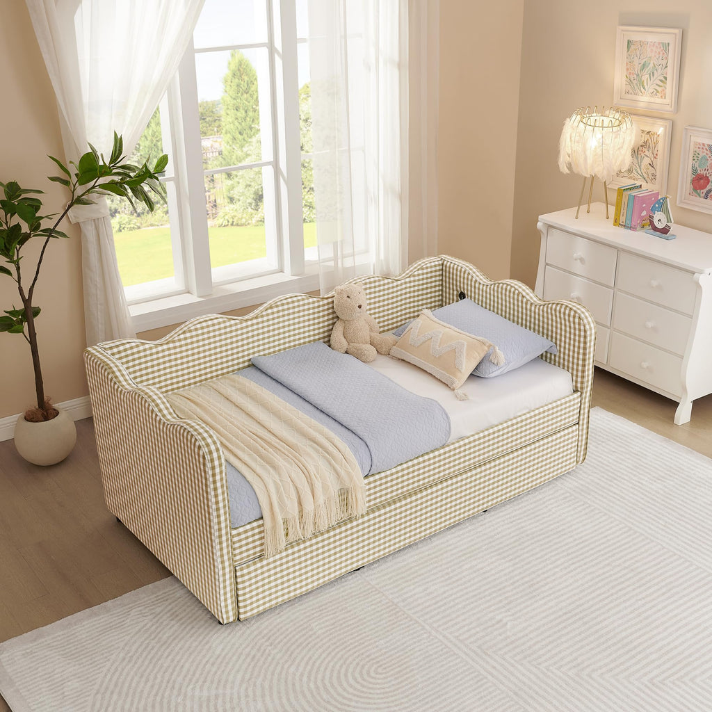 Twin Size Gingham Daybed with Trundle and USB Ports K6766