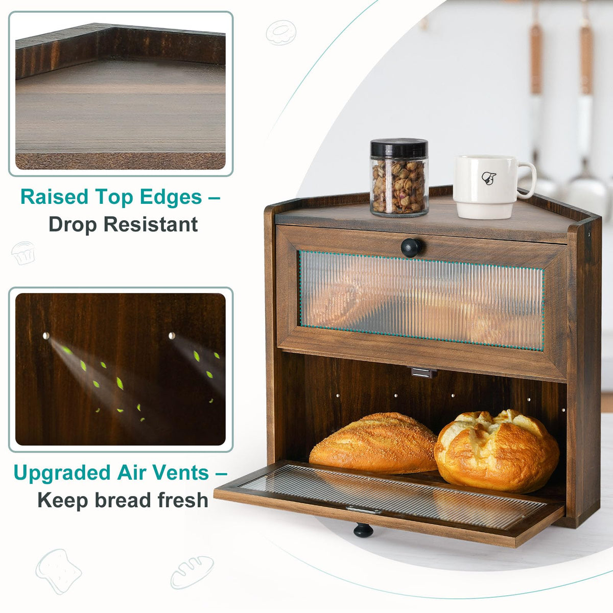 Large 2 Tier Wooden Bread Box with Acrylic Window H626508